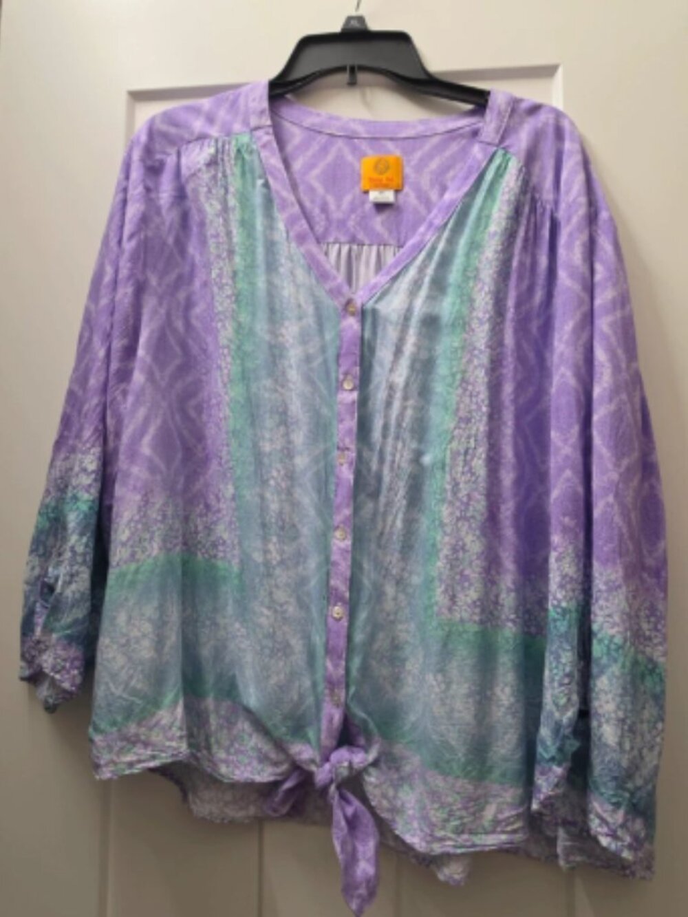 Ruby Rd. Purple and Teal Patterned Tie-Front Blouse
